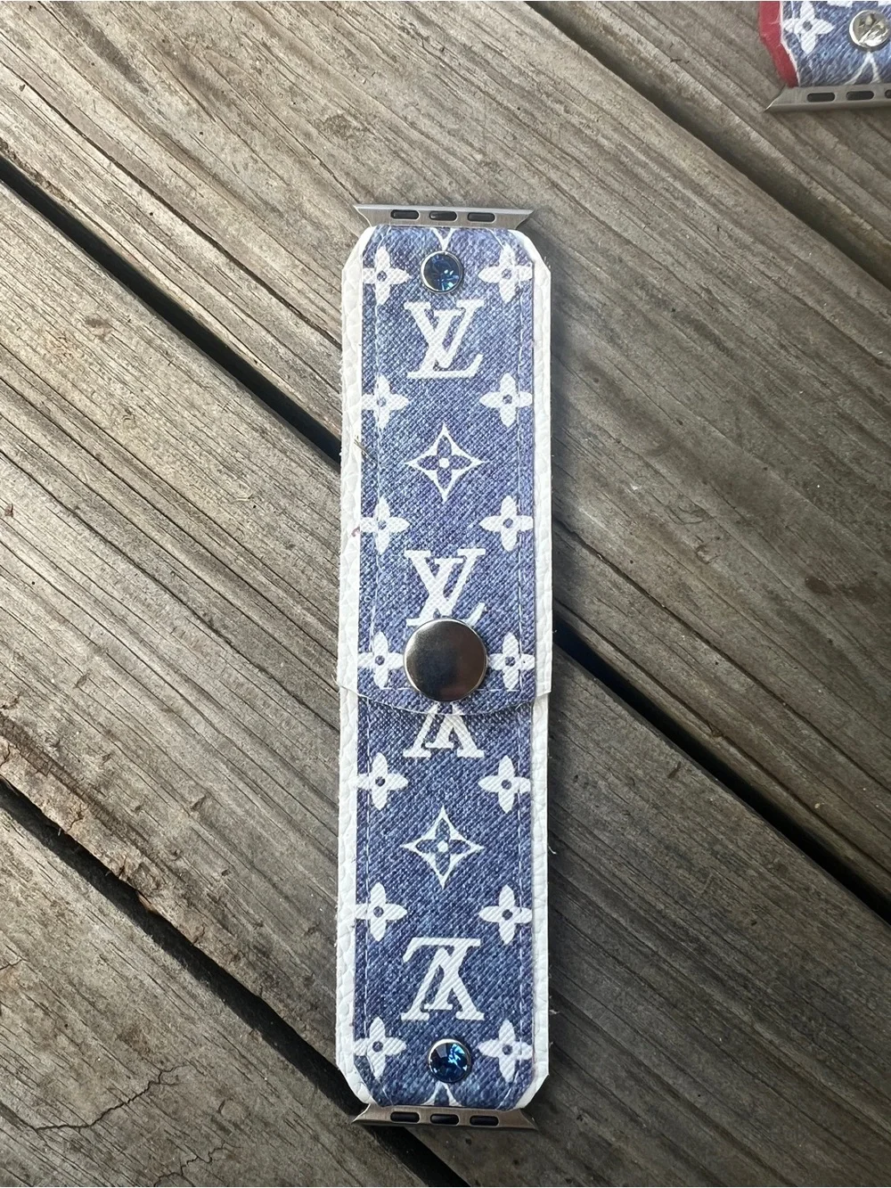 Monogram denim and White leather Apple Watch band